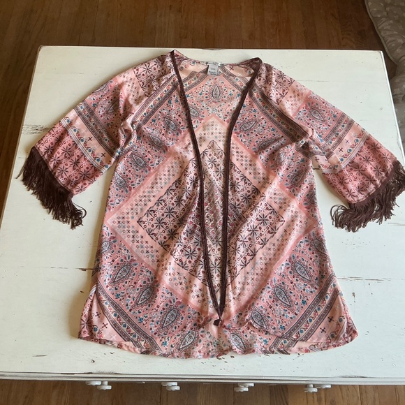 American Rag Boho Peach Brown Floral Fringe Festival Duster Kimono S M - Picture 3 of 10